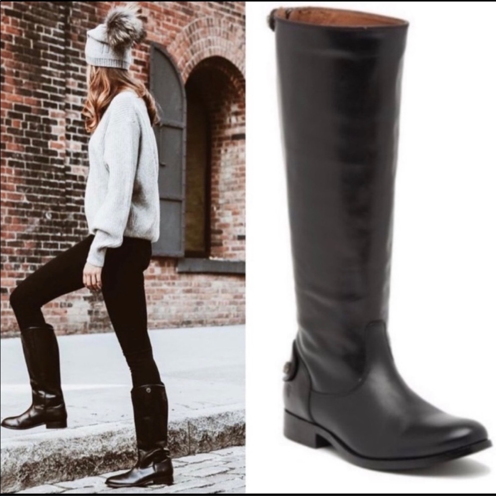 Frye Melissa Black Leather Button Back Zip Boots